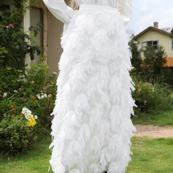 Boho White Fringe All over Detail Straight Mesh Maxi Skirt - Picture 3 of 7